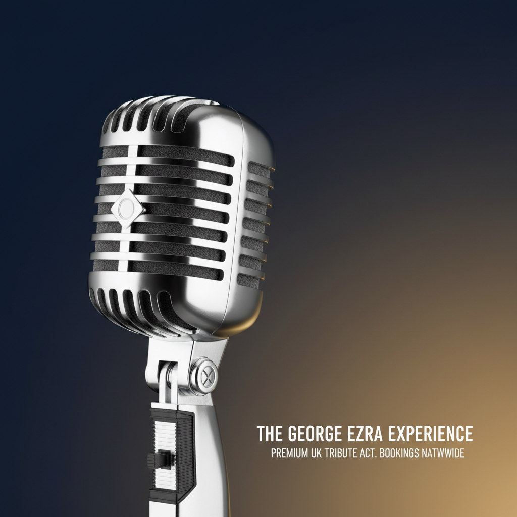 A minimalist, professional ‘headshot-style’ composition built around a detailed, close-up view of a vintage silver microphone with a fine metal grille and polished body, positioned against a softly blurred gradient background of deep navy fading to warm gold. The mic sits slightly off-center following the rule of thirds, with a subtle reflection visible along its curved surface. Soft studio lighting from the front and side creates gentle highlights and almost no harsh shadows, evoking a clean, modern promotional image. The photographic realism and crisp focus on the microphone suggest the voice and presence of a George Ezra tribute performer without showing any person, conveying reliability and high-quality sound for bookings across the UK.