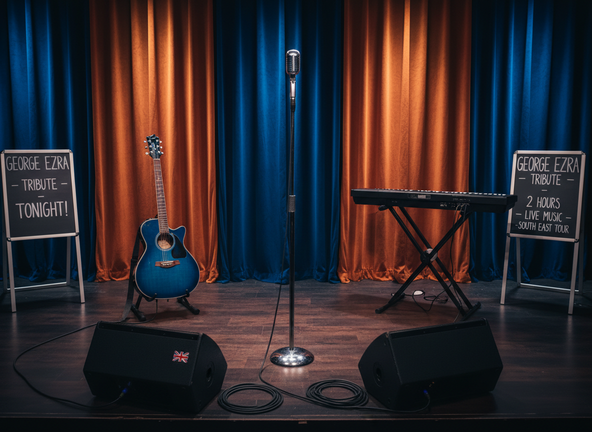 A neatly arranged stage setup for a George Ezra tribute act, featuring a vintage-style microphone on a gleaming chrome stand at center stage, flanked by a deep blue acoustic guitar on one side and a compact black keyboard on the other. Coiled instrument cables are tidily routed to small, modern floor monitors, and a subtle Union Jack sticker on one speaker hints at the UK setting. Warm, focused stage lighting washes the backdrop curtain in soft amber and indigo tones, creating a cozy club atmosphere. Photographic realism, captured from a slightly elevated angle with sharp focus, emphasizes professionalism and readiness for up to two hours of live entertainment across the South East.