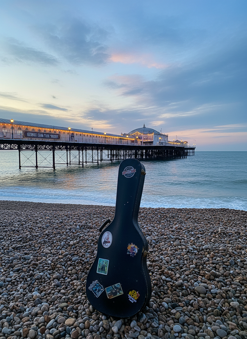 An evocative twilight scene of a classic British seaside pier in the South East, captured from the beach with the pier stretching into the distance. In the foreground, a weathered wooden guitar case stands upright in the pebbles, its textured black surface catching the last cool blue and pink tones of the setting sky. Along the pier, tiny warm lights glow, hinting at an upcoming music night inside a venue. Photographic realism with a slightly wide-angle lens and balanced composition places the guitar case on the lower third, creating a mood of wanderlust, touring and live George Ezra tribute performances across coastal UK towns.