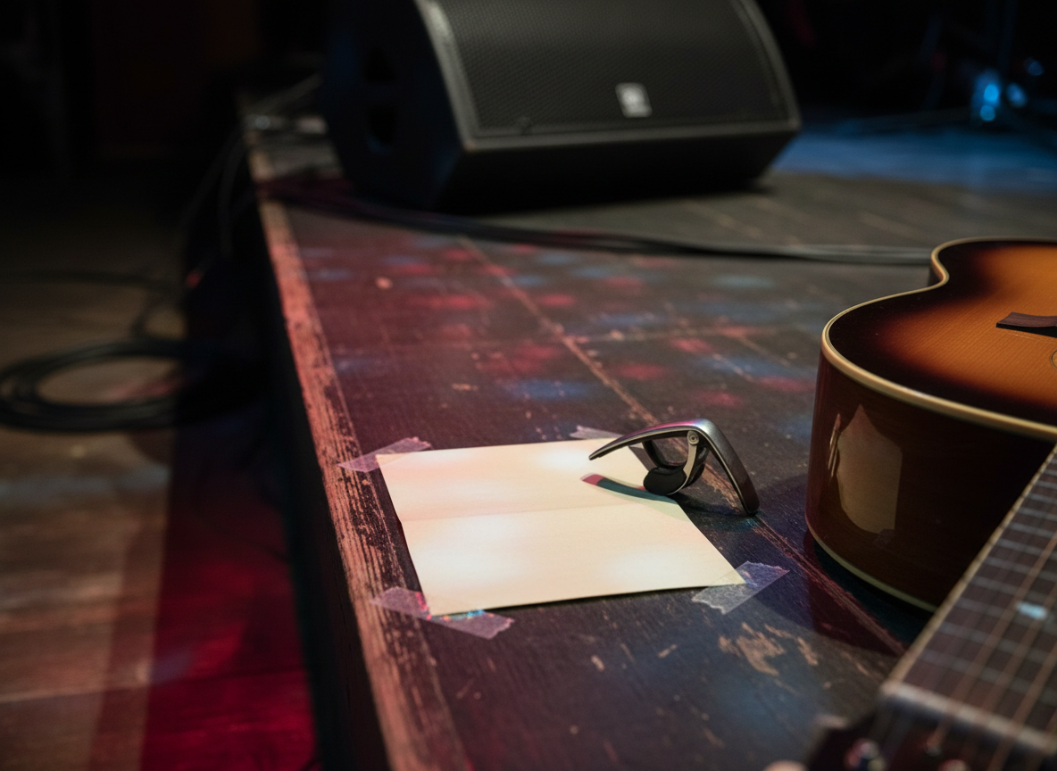 A detailed close-up of a set list and guitar capo resting on a slightly worn, dark wooden stage step, with the edge of an acoustic guitar body just entering the frame. The set list is blank of readable text, but the paper is creased and taped down at the corners, implying a carefully planned George Ezra tribute performance. Colored reflections from overhead stage lights scatter across the floor in soft reds and blues, suggesting an energetic evening show. Photographic realism, shot from a low angle with shallow depth of field, keeps the foreground razor sharp while blurring hints of cables and speakers in the background, capturing the professional preparation and authenticity behind a two-hour live tribute act.