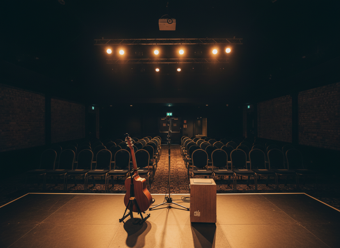 An atmospheric wide shot of an empty, medium-sized UK music venue, showing neat rows of dark upholstered chairs leading toward a compact, well-equipped stage. On stage sits a single acoustic guitar on a stand beside a cajón and a slim microphone stand, suggesting an intimate George Ezra tribute set. Overhead stage lights cast a warm, amber glow across the instruments, while the rest of the room falls into a soft, cinematic darkness. A faint outline of exposed brick walls and a subtle EXIT sign hint at a South East England setting. Photographic realism, captured from the back of the room with deep focus, creates a professional, anticipatory mood ideal for advertising live shows.